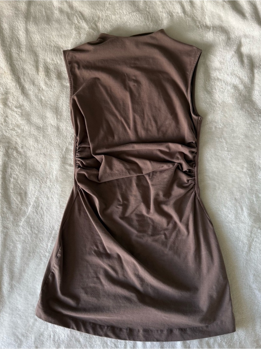 Dynamite Sleeveless Ruched Mini Dress in Chocolate Brown